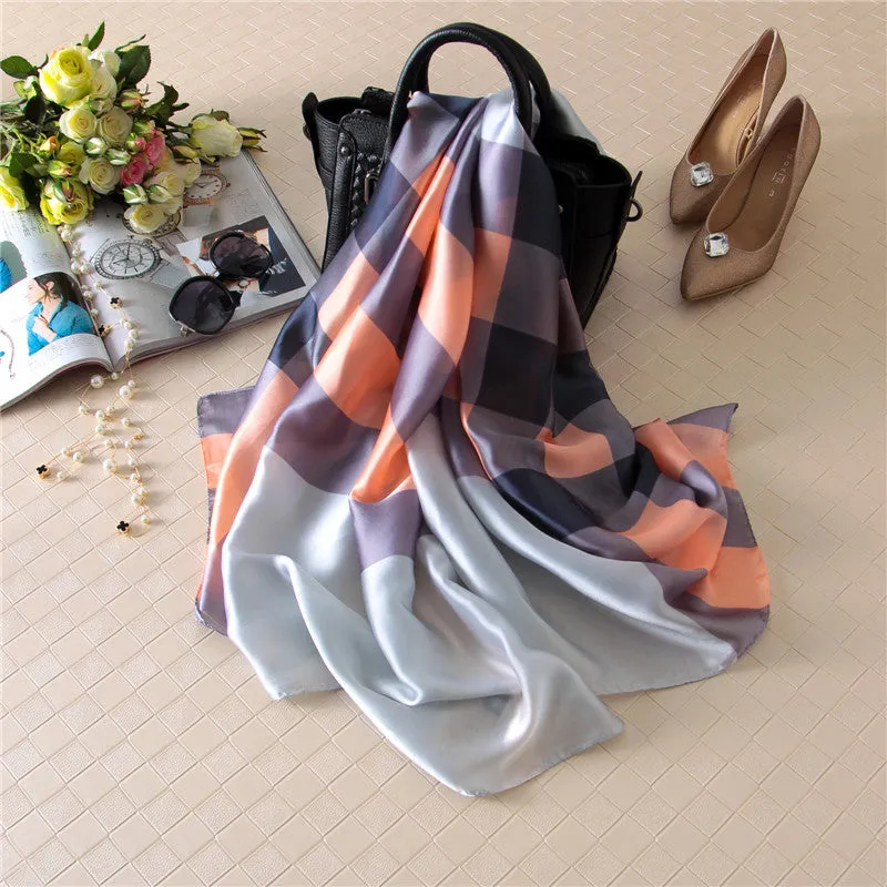 Plaid Silk Scarf Silky Shawl Wrap for Women Ladies Girls 90x180