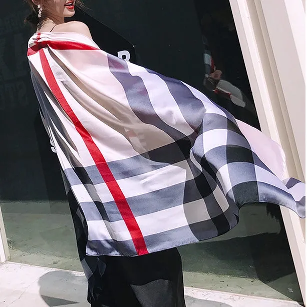 Plaid Silk Scarf Silky Shawl Wrap for Women Ladies Girls 90x180