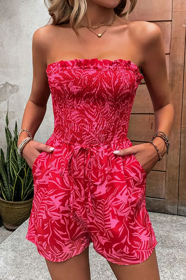 Plant Print Tube Top Lace-up Pleated Casual Rompers