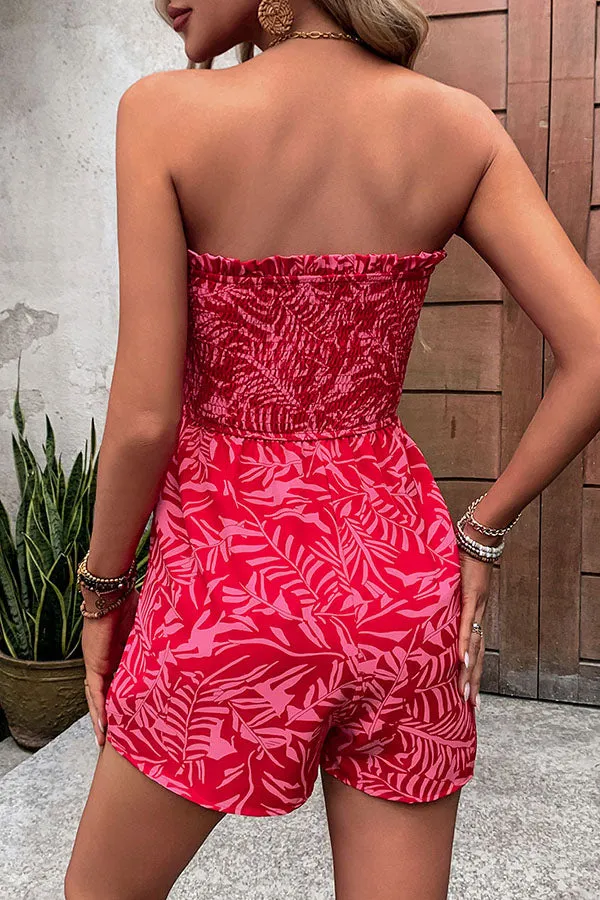 Plant Print Tube Top Lace-up Pleated Casual Rompers