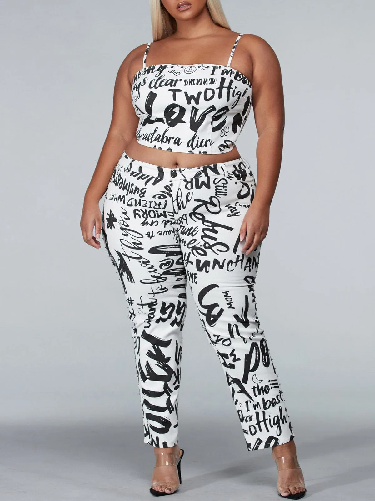 PLUS SIZE SLEEVELESS 2PC. TOP & PANTS GRAPHIC DENIM SET