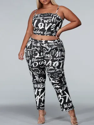 PLUS SIZE SLEEVELESS 2PC. TOP & PANTS GRAPHIC DENIM SET