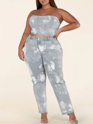 PLUS SIZE SLEEVELESS 2PC. TOP & PANTS WASHED DENIM SET