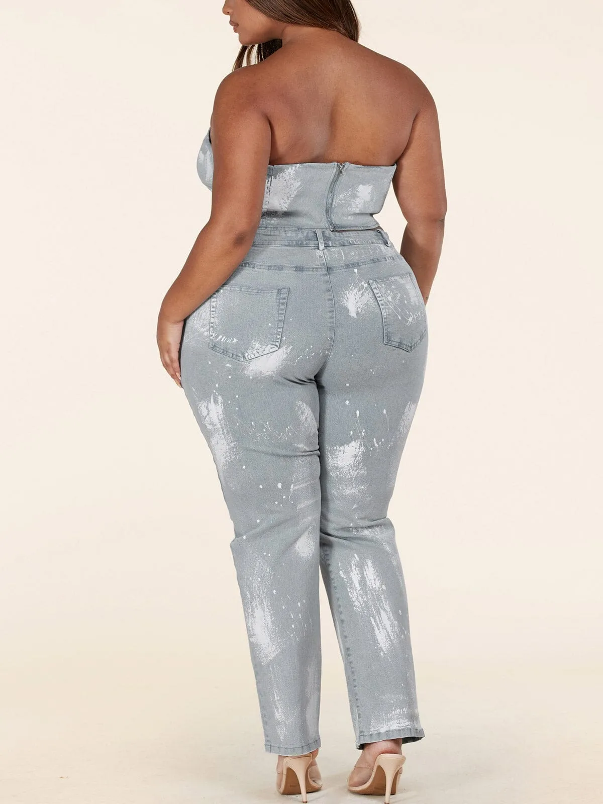 PLUS SIZE SLEEVELESS 2PC. TOP & PANTS WASHED DENIM SET