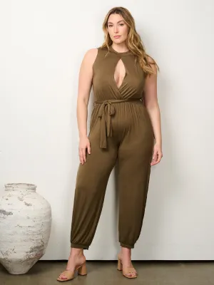 PLUS SIZE SLEEVELESS FRONT KEY HOLE SIDE SLIT JUMPSUIT