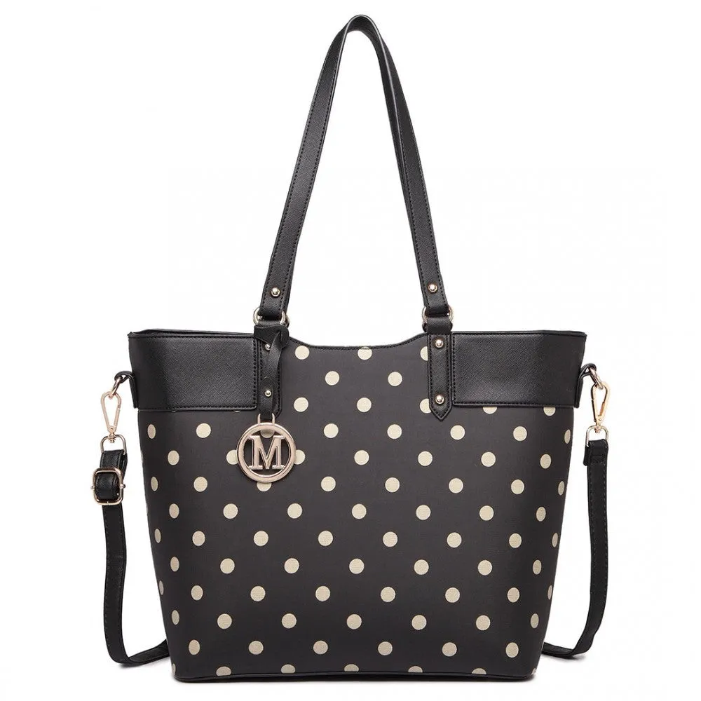 Polka Dot Print Tote Bag - Black