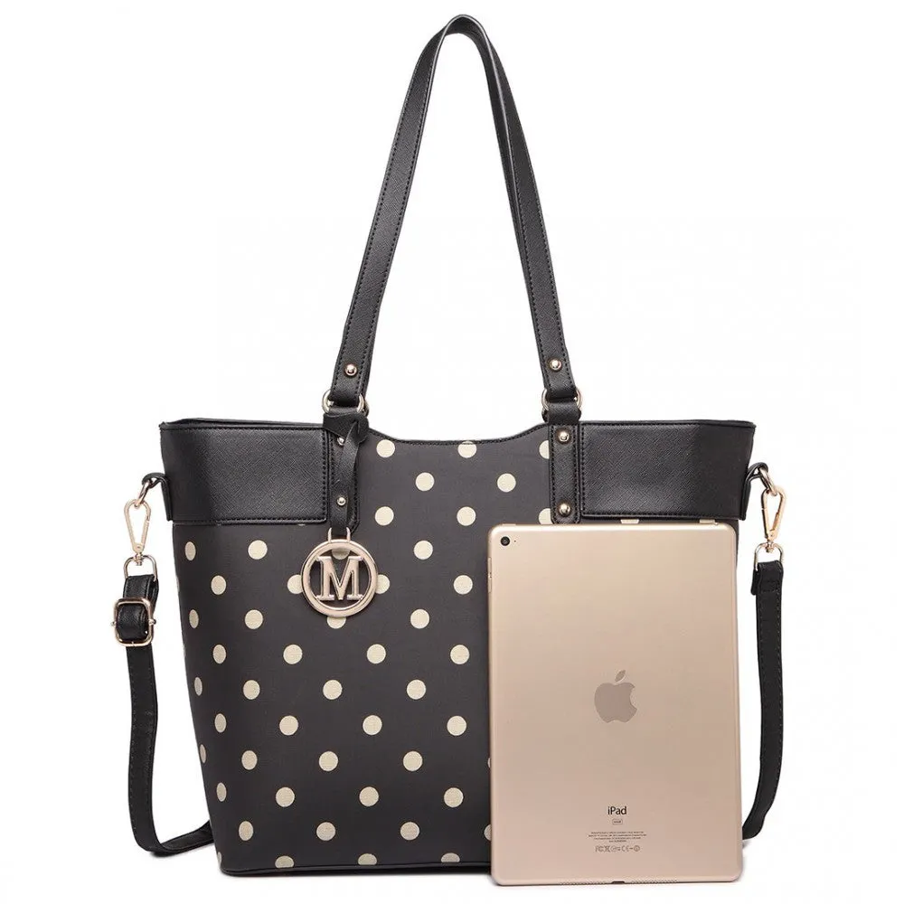 Polka Dot Print Tote Bag - Black