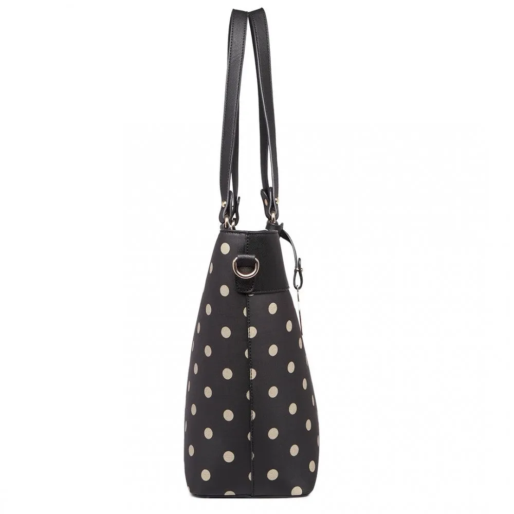 Polka Dot Print Tote Bag - Black