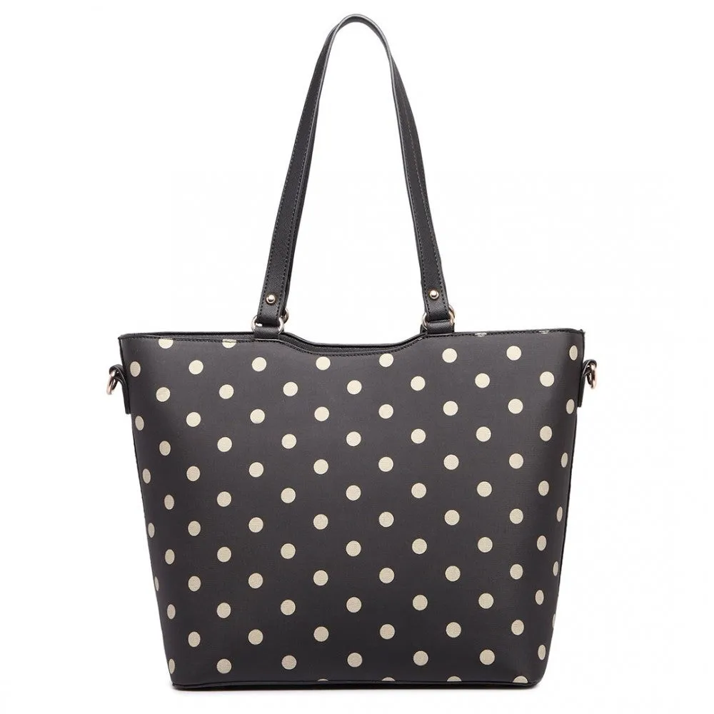 Polka Dot Print Tote Bag - Black