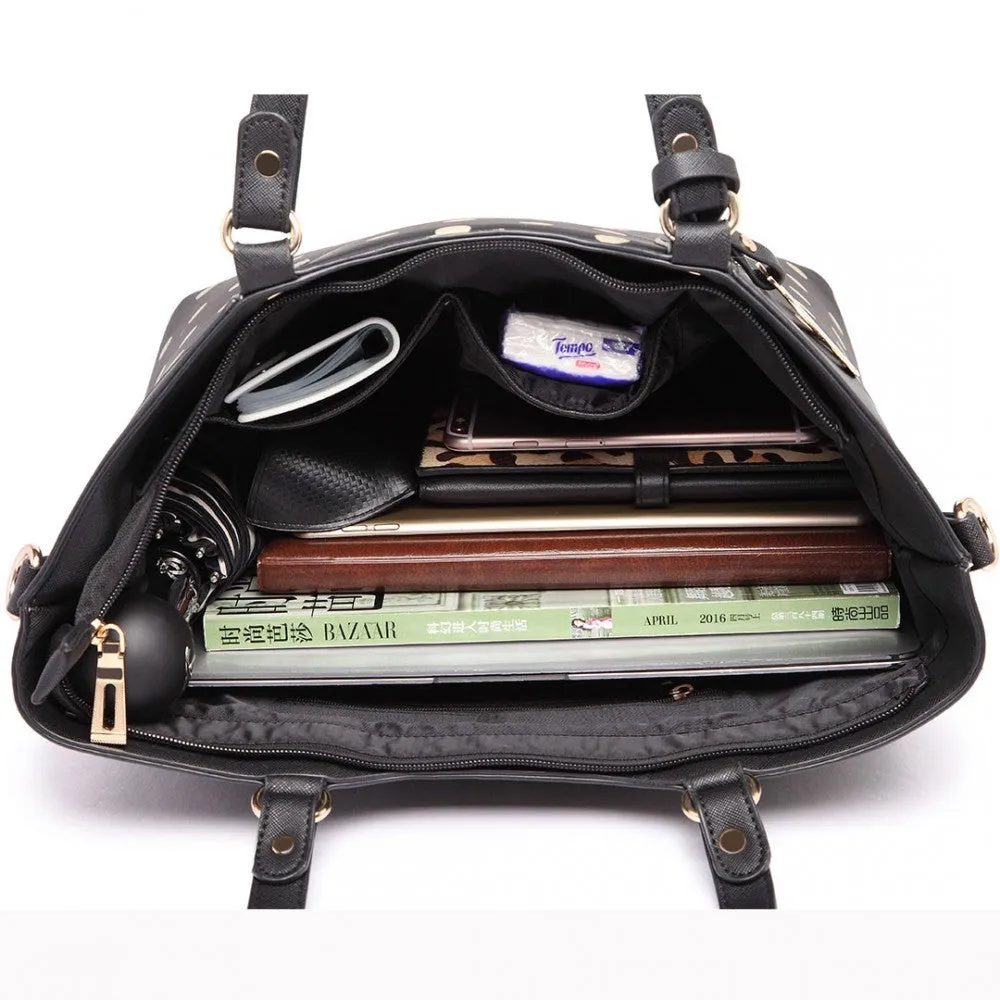 Polka Dot Print Tote Bag - Black