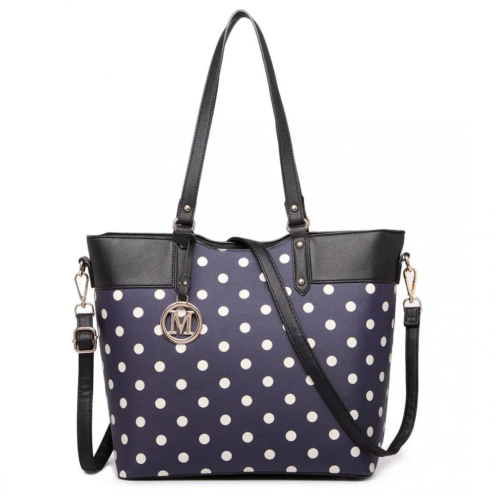 Polka Dot Print Tote Bag - Navy