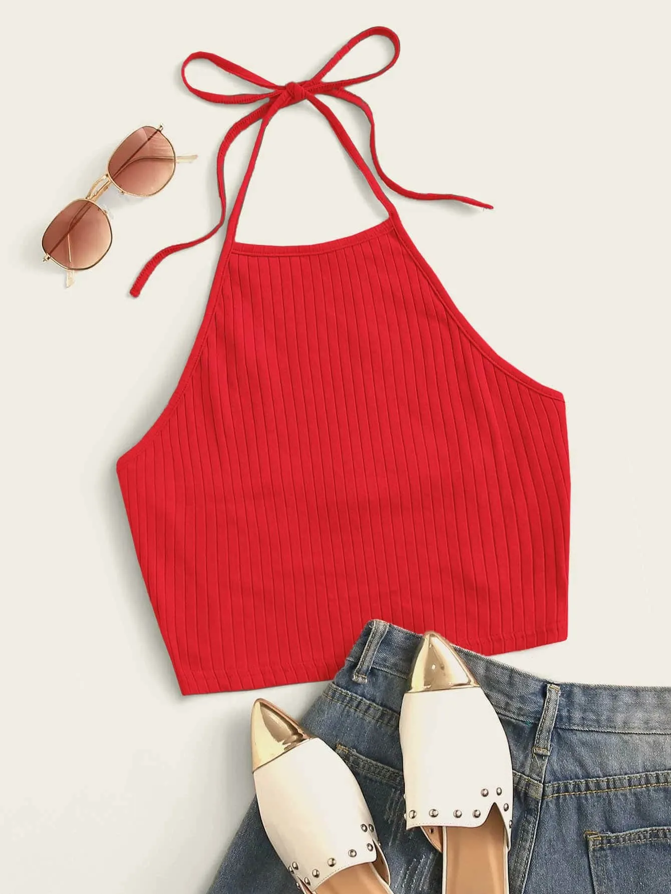 Qutie Solid Rib-knit Halter Top