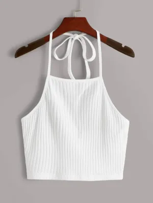 Qutie Solid Rib-knit Halter Top