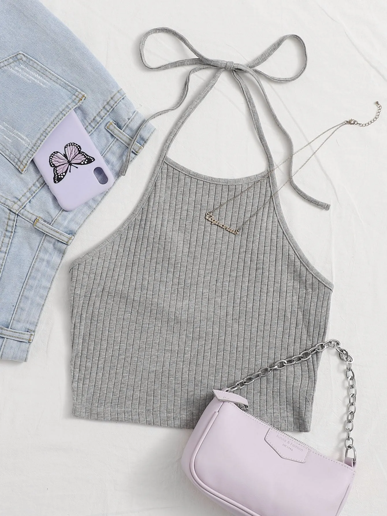 Qutie Solid Rib-knit Halter Top