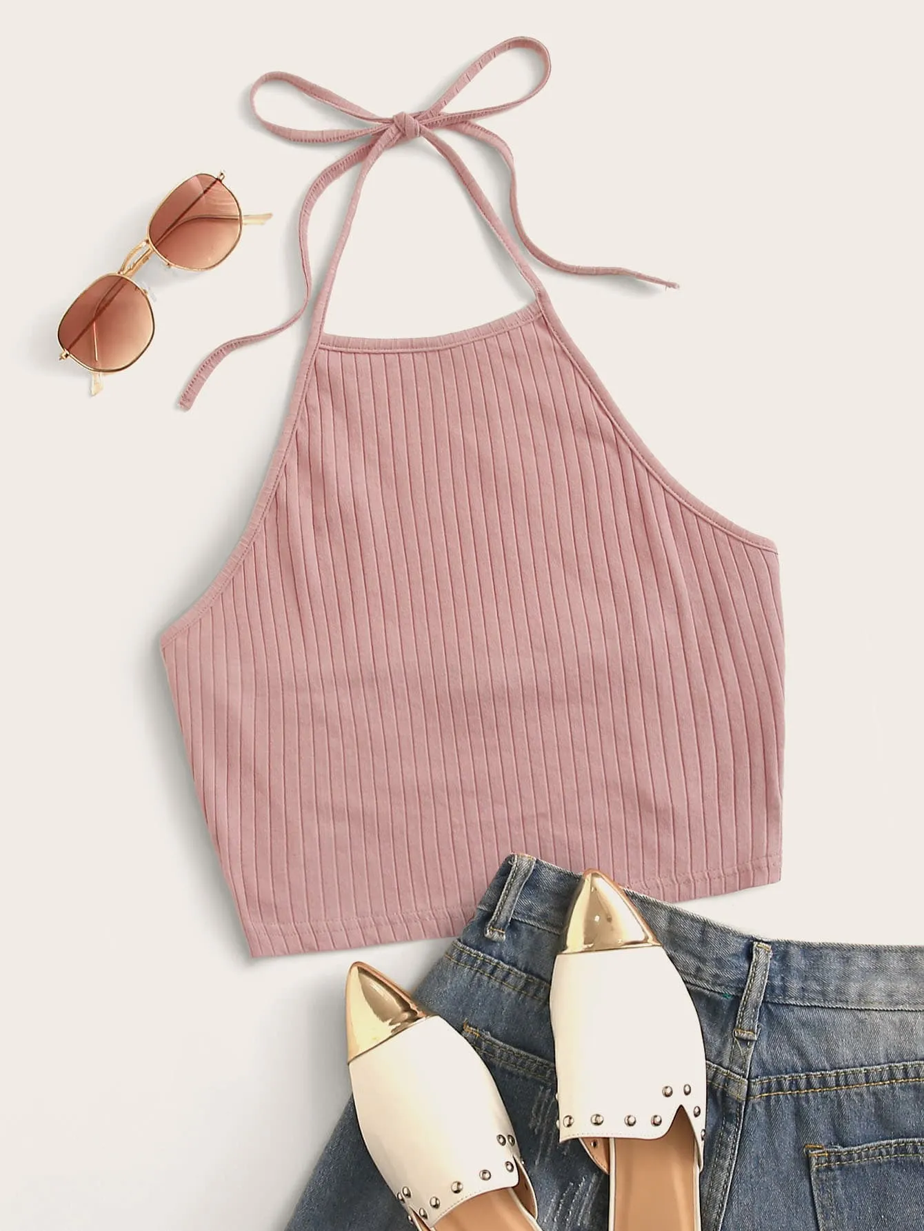 Qutie Solid Rib-knit Halter Top