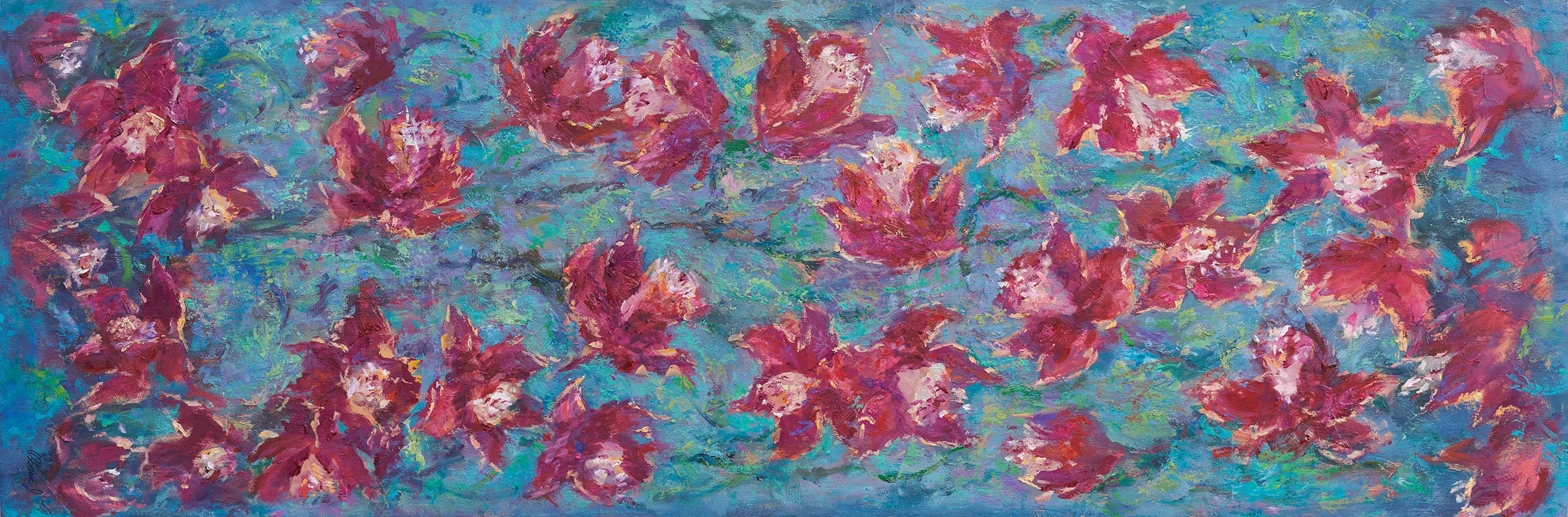 Red Orchids, 82-inch Long Italian Cashmere-Silk Scarf