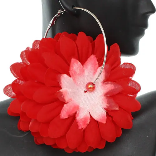 Red Oversized Large Beaded Flower Hoop Earrings