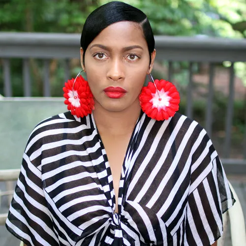Red Oversized Large Beaded Flower Hoop Earrings