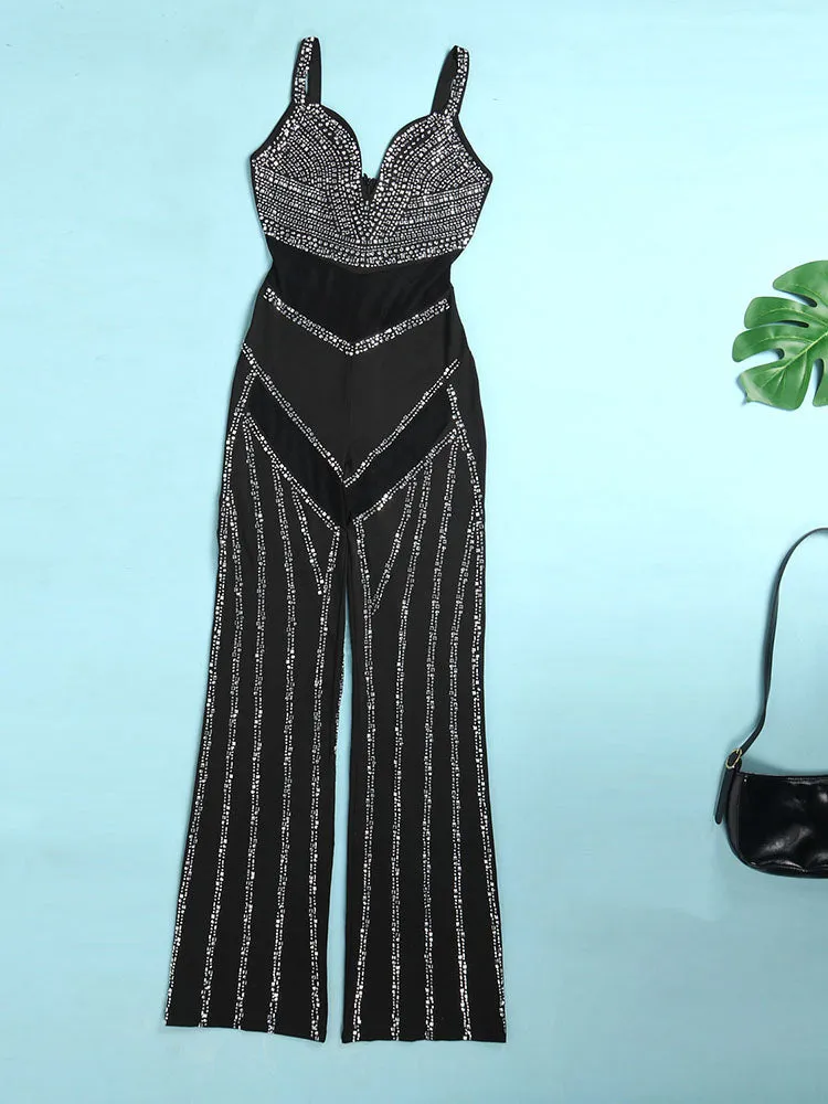 Rhinestone Mesh Contrast Jumpsuit
