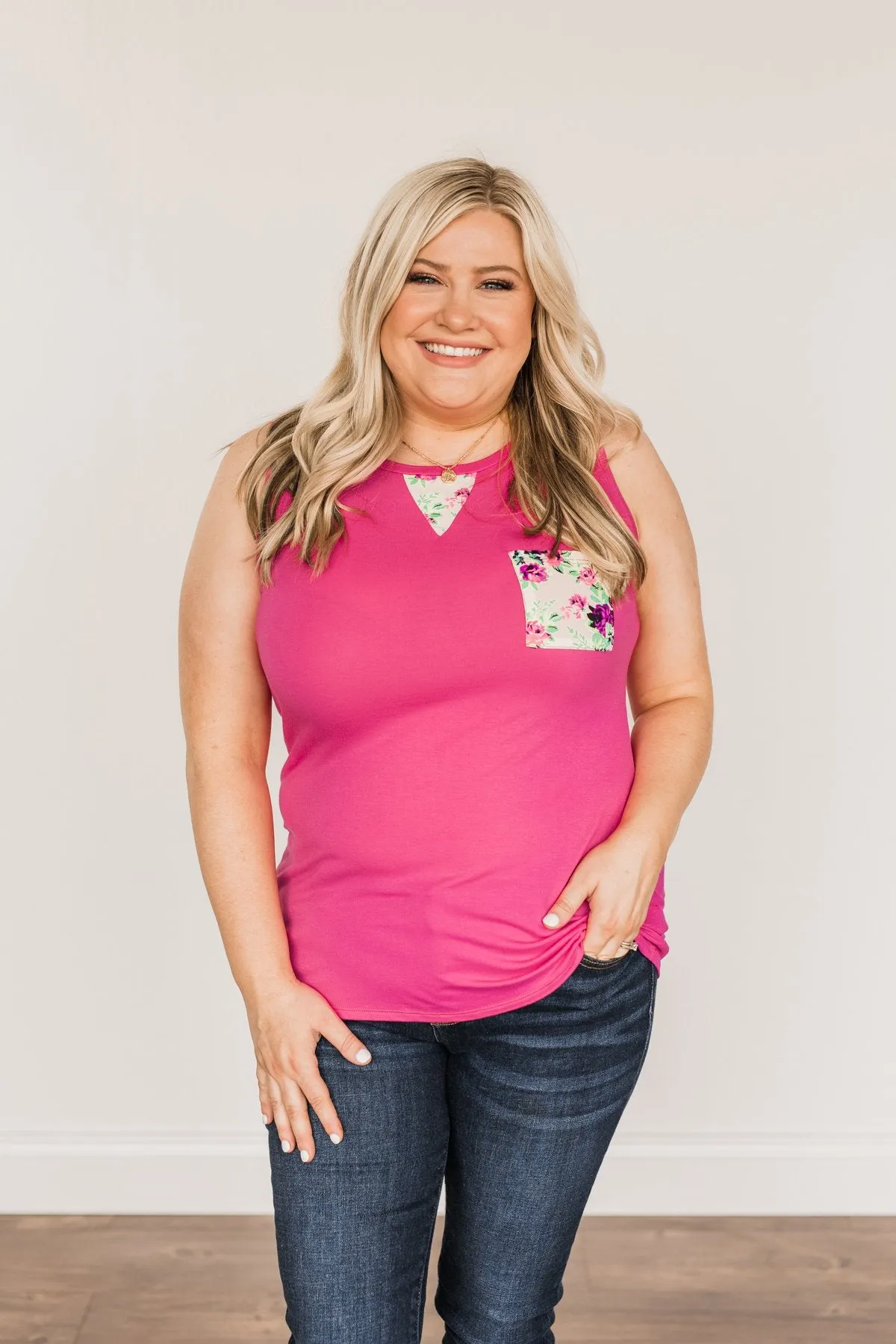 Right Away Floral Pocket Tank Top- Fuchsia