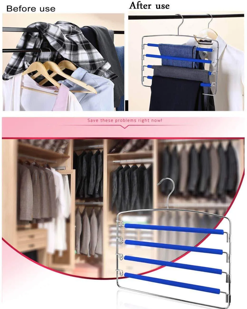 RosinKing Slack Hangers Swing Arm Pants 2 Pack Multi Layers Removeable Stainless Steel Scarf Slack Hangers Non-Slip Clothes Rack with Foam Padded Rotatable Hook Closet Space Saving Organizer