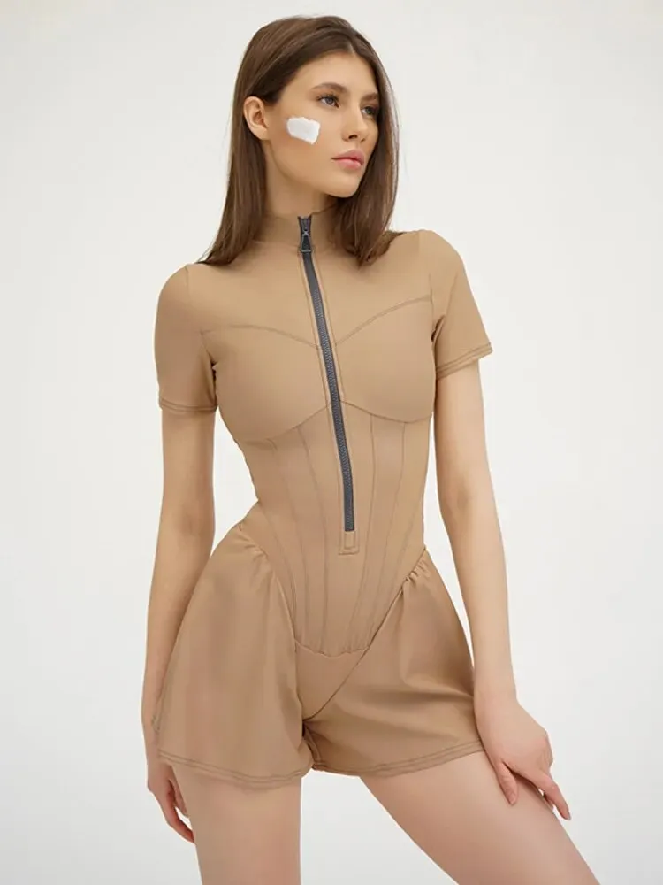 Sexy Bodycon Slim Bodysuit for Women O Neck Jumpsuit Long Sleeve Zipper Bodysuit Rompers