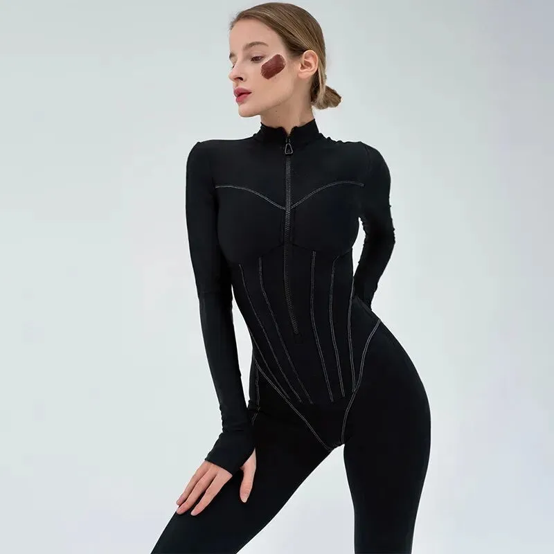 Sexy Bodycon Slim Bodysuit for Women O Neck Jumpsuit Long Sleeve Zipper Bodysuit Rompers