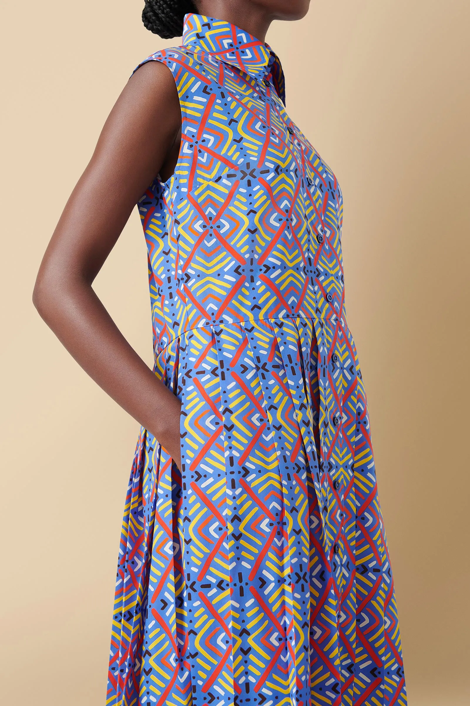 Shiro Geo-Print Sleeveless Cotton Poplin Shirtdress in Blue