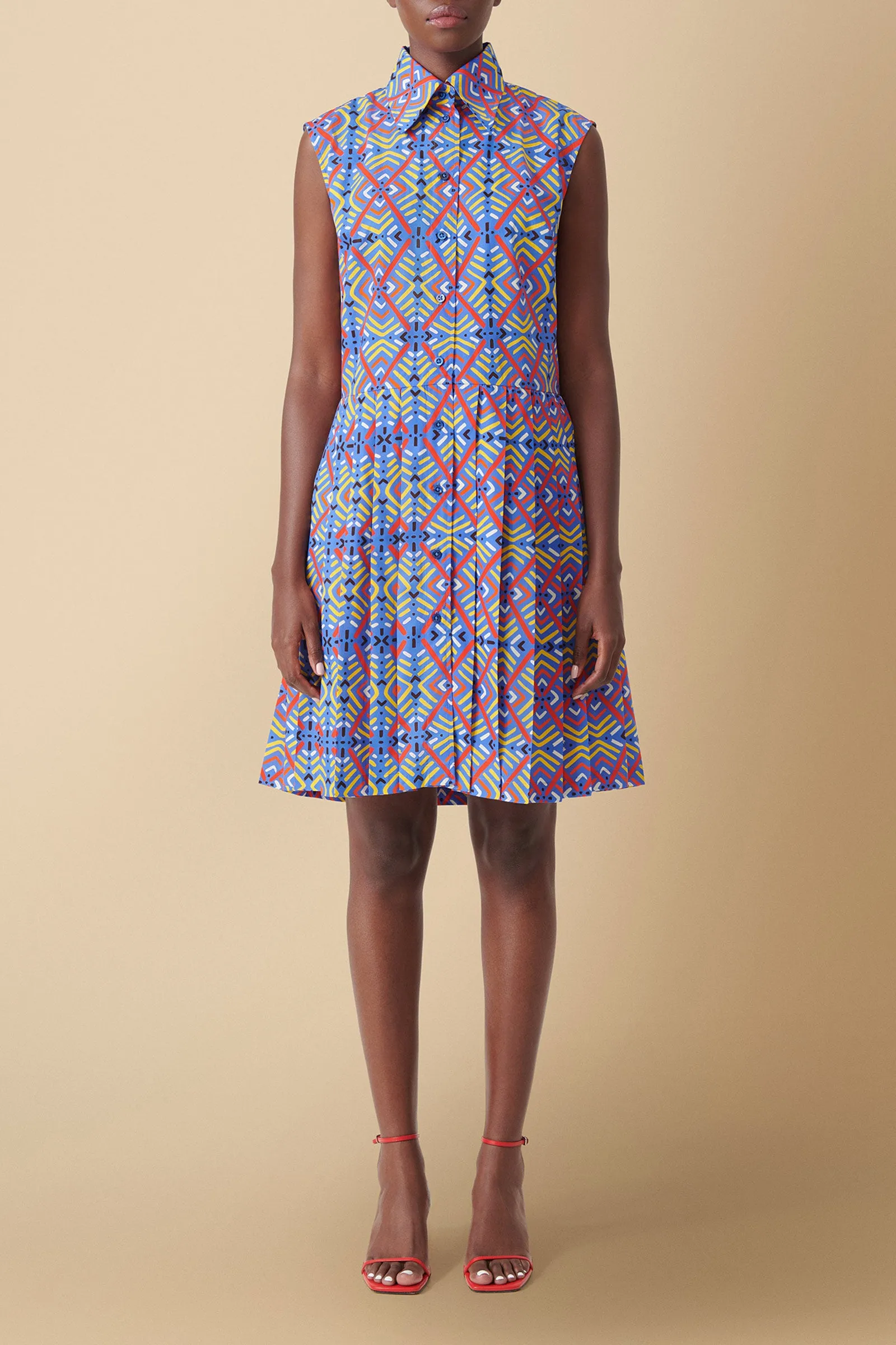 Shiro Geo-Print Sleeveless Cotton Poplin Shirtdress in Blue