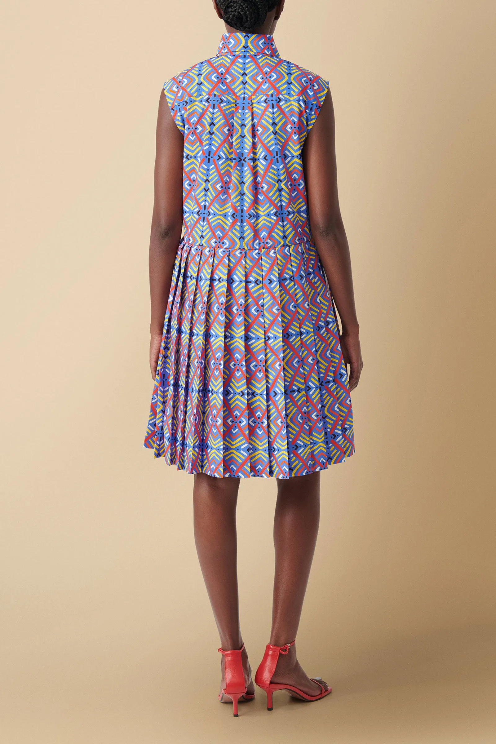 Shiro Geo-Print Sleeveless Cotton Poplin Shirtdress in Blue