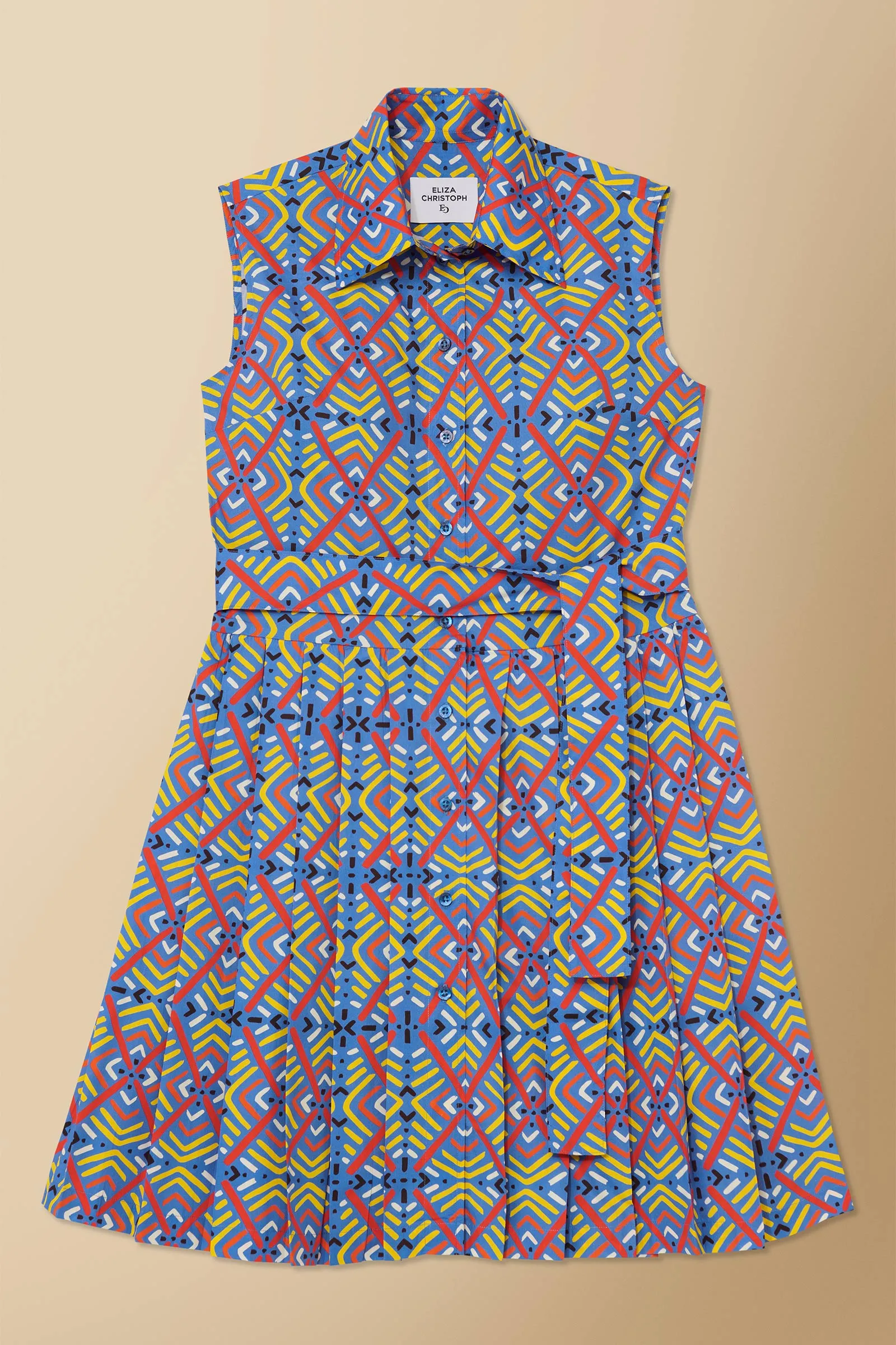 Shiro Geo-Print Sleeveless Cotton Poplin Shirtdress in Blue
