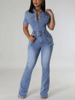 Short Sleeve Button Multi-Pocket Denim Jumpsuit