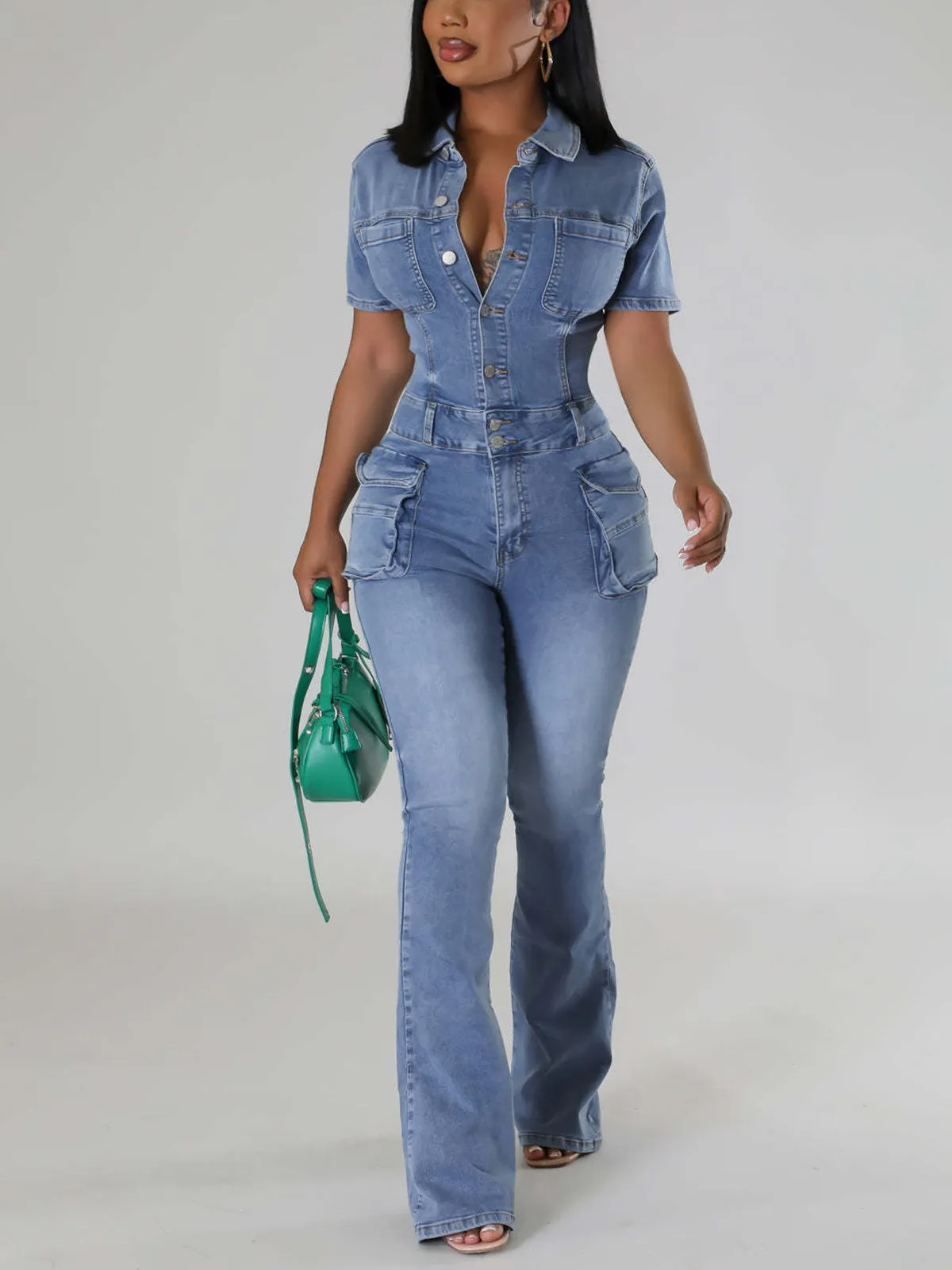 Short Sleeve Button Multi-Pocket Denim Jumpsuit
