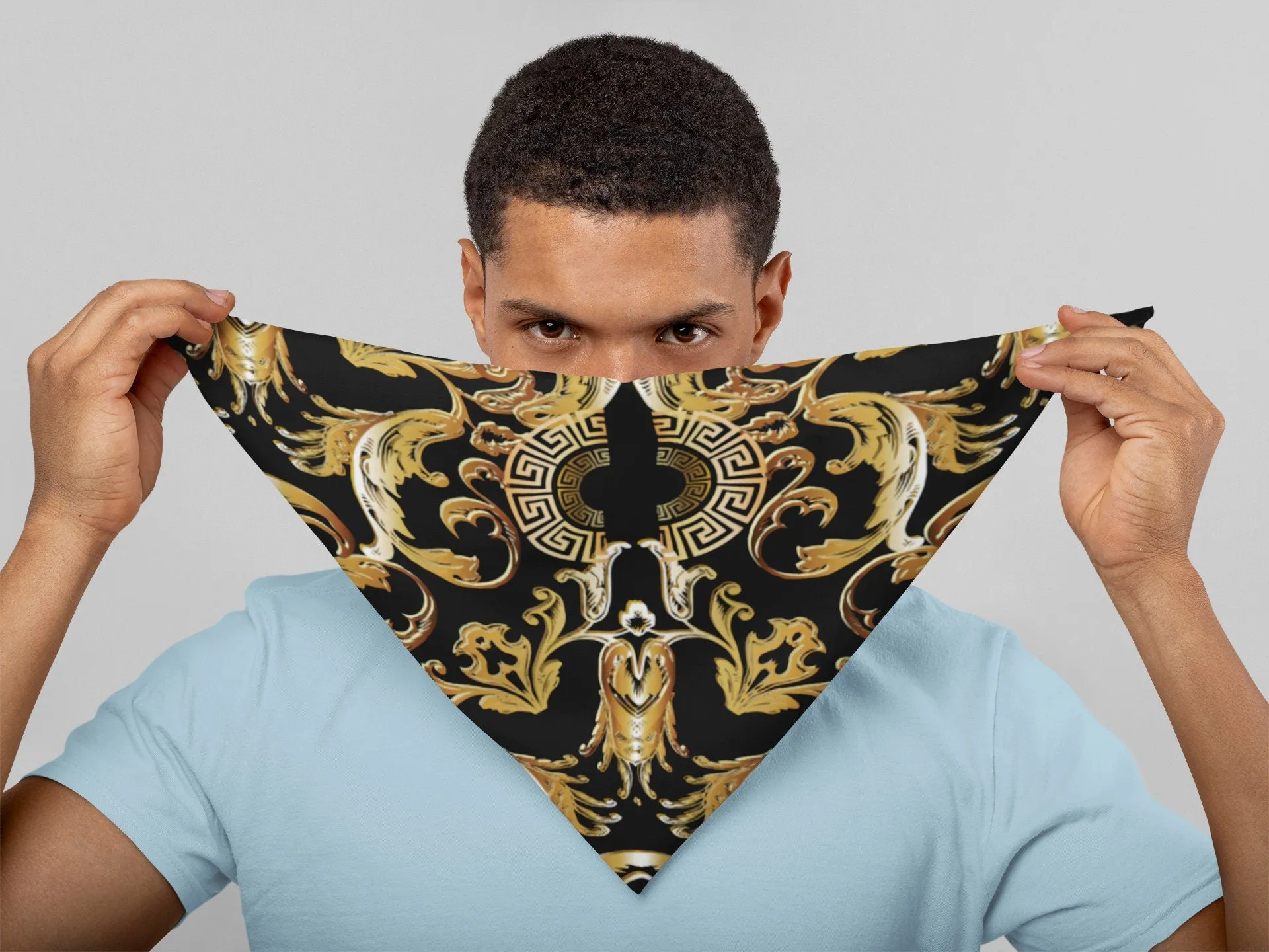 Silky Black Gold Designer Baroque Satin Bandana