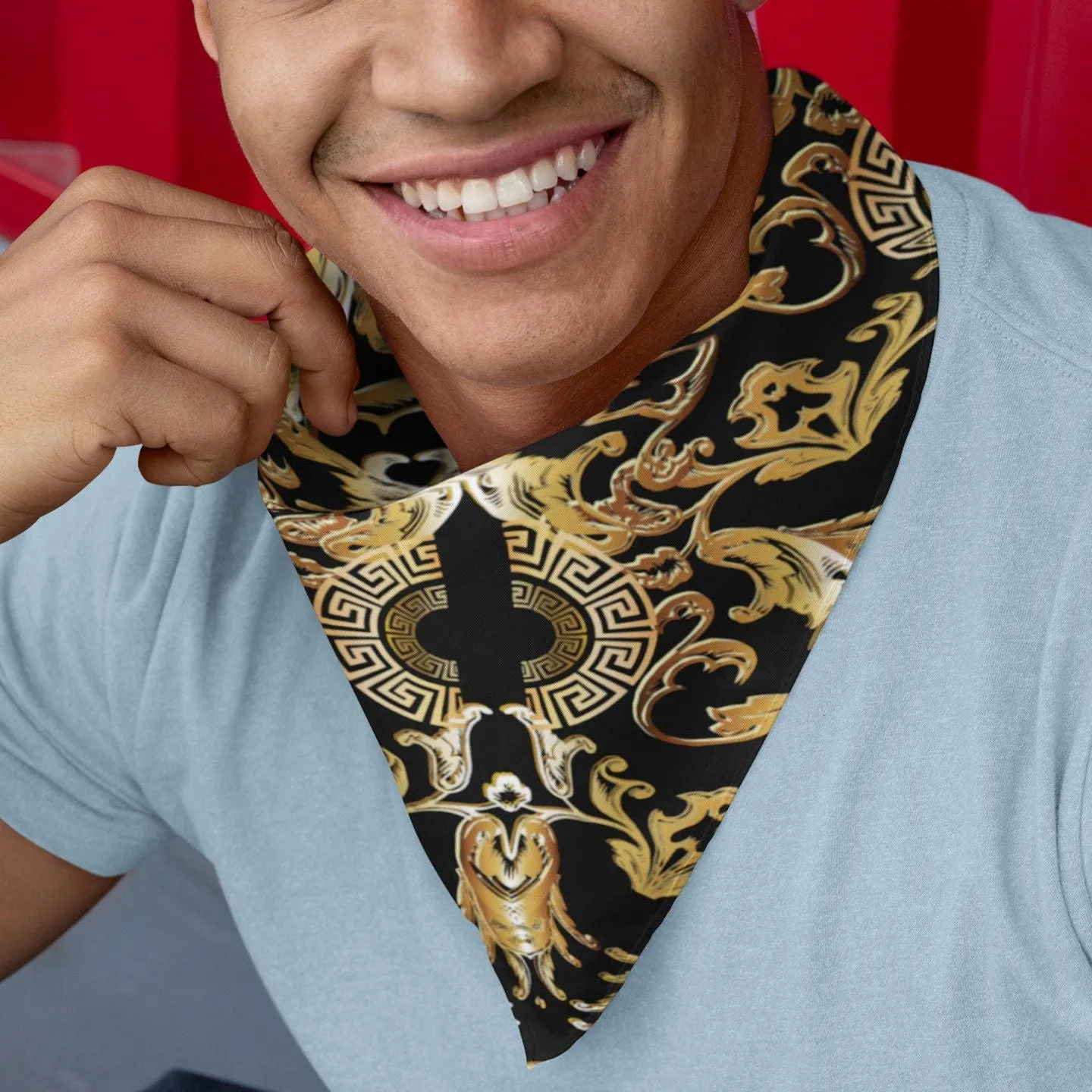 Silky Black Gold Designer Baroque Satin Bandana