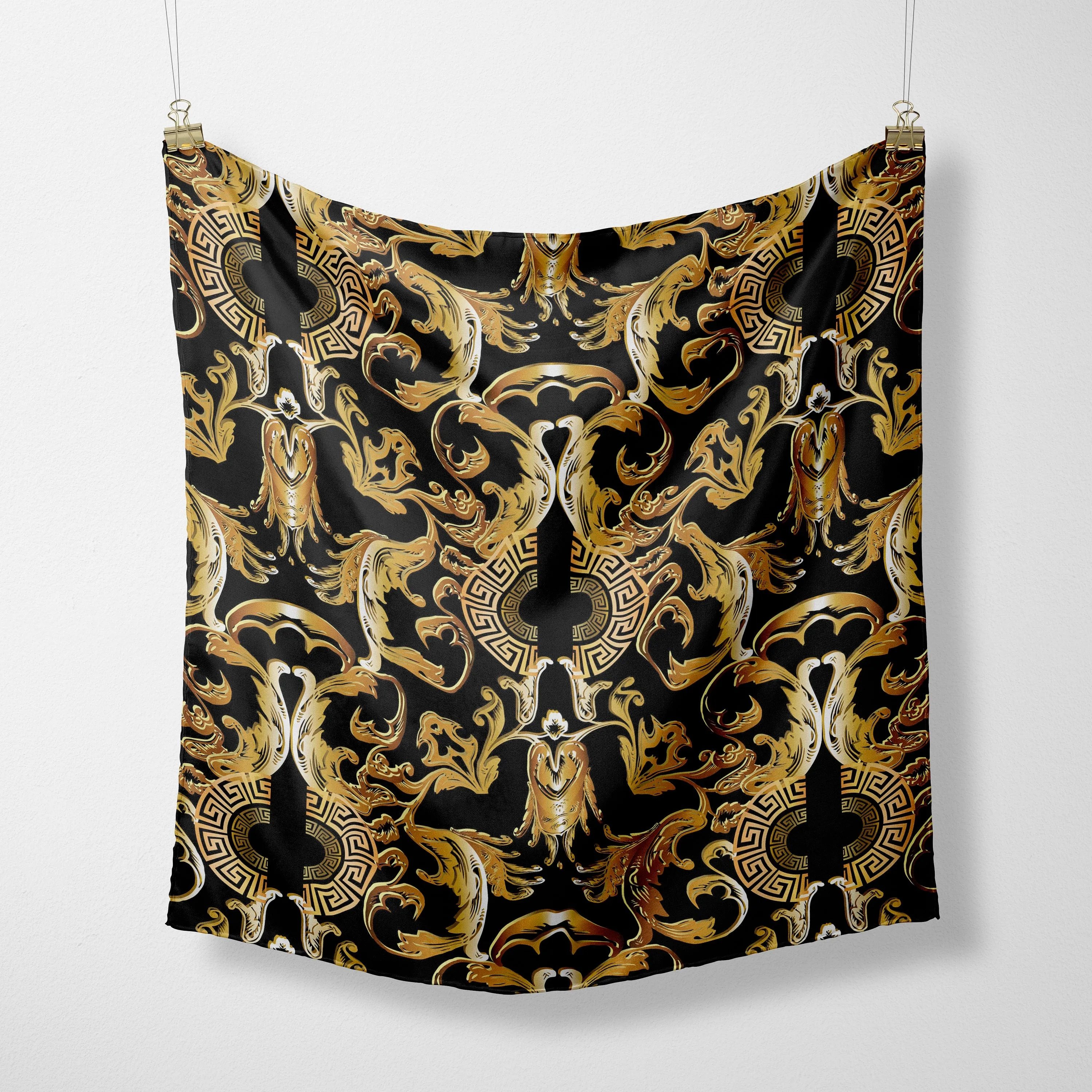 Silky Black Gold Designer Baroque Satin Bandana