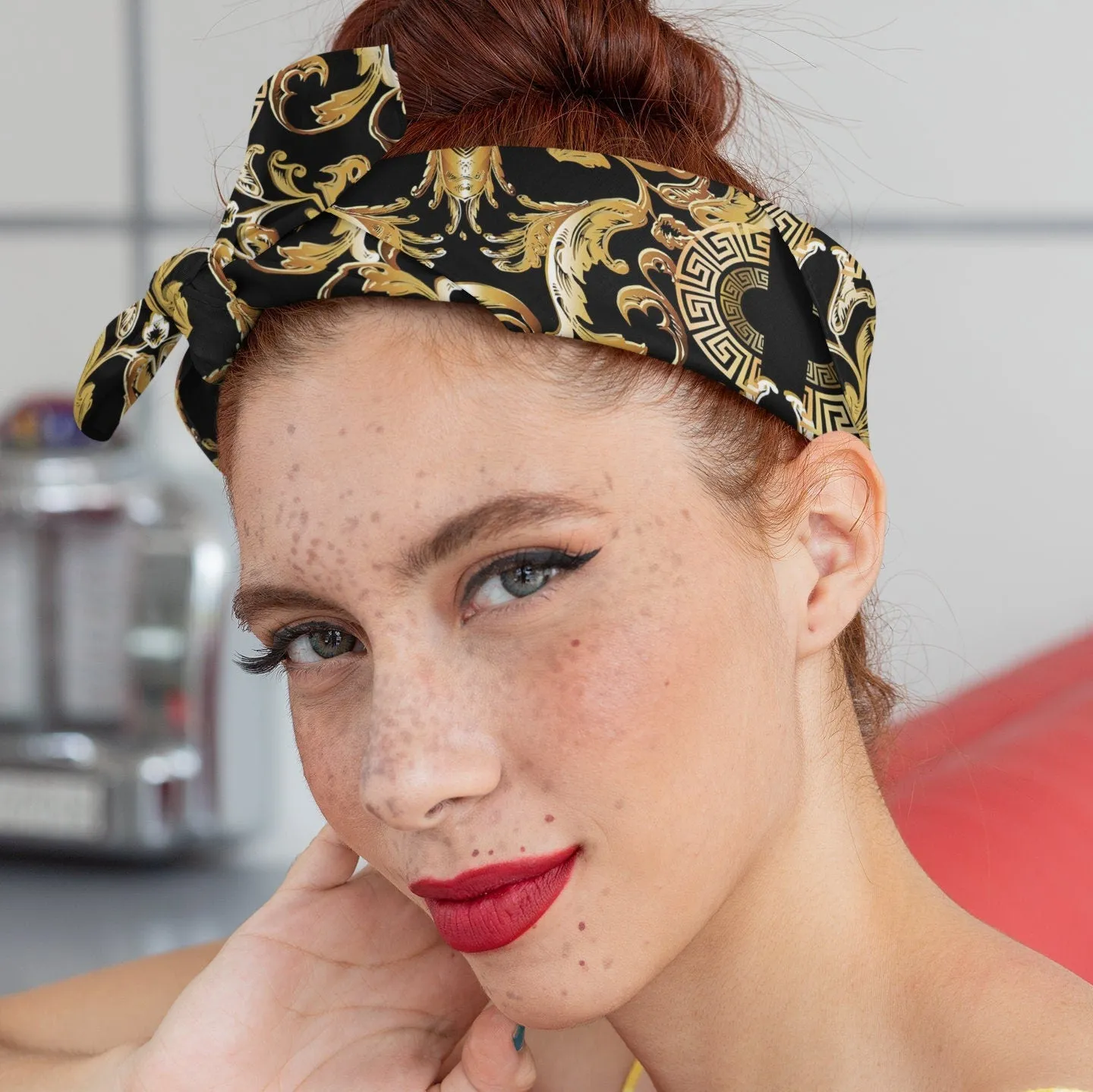 Silky Black Gold Designer Baroque Satin Bandana