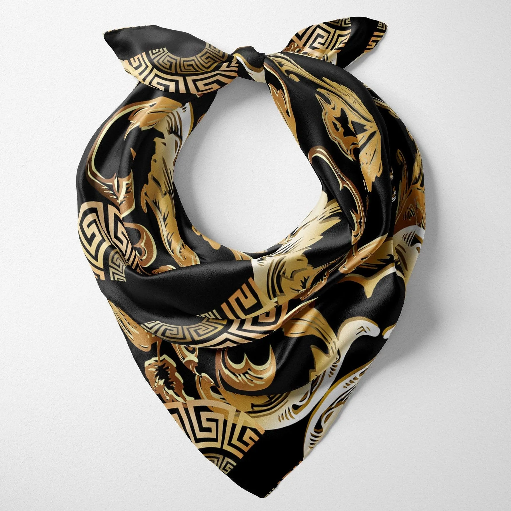 Silky Black Gold Designer Baroque Satin Bandana