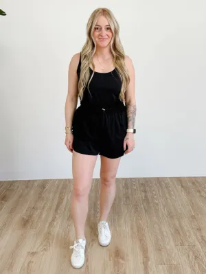 Sleeveless Drawstring Cinched Waist Romper in Black
