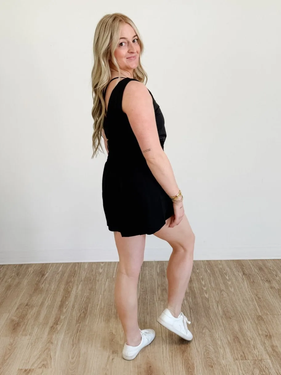 Sleeveless Drawstring Cinched Waist Romper in Black