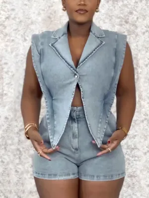 Sleeveless Elastic Waist Denim Romper