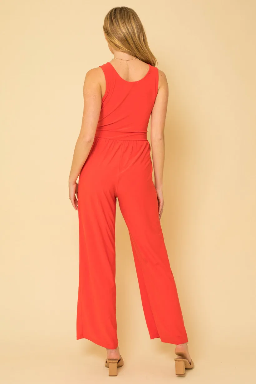 Sleeveless Waist Tie Jumpsuit - Poppy Red