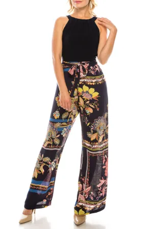 SLNY Navy Multi Floral Scarf Printed Halter Jumpsuit