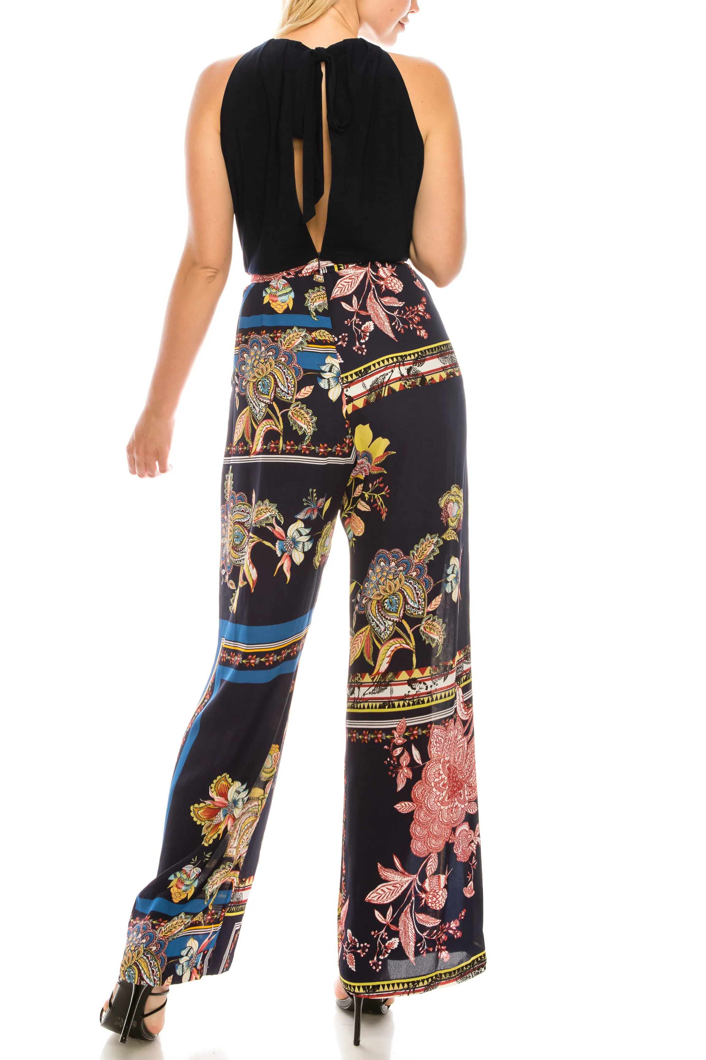 SLNY Navy Multi Floral Scarf Printed Halter Jumpsuit