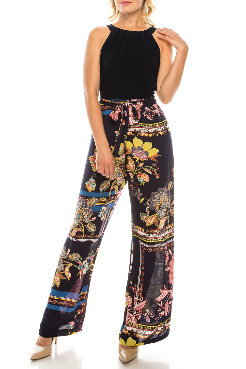 SLNY Navy Multi Floral Scarf Printed Halter Jumpsuit