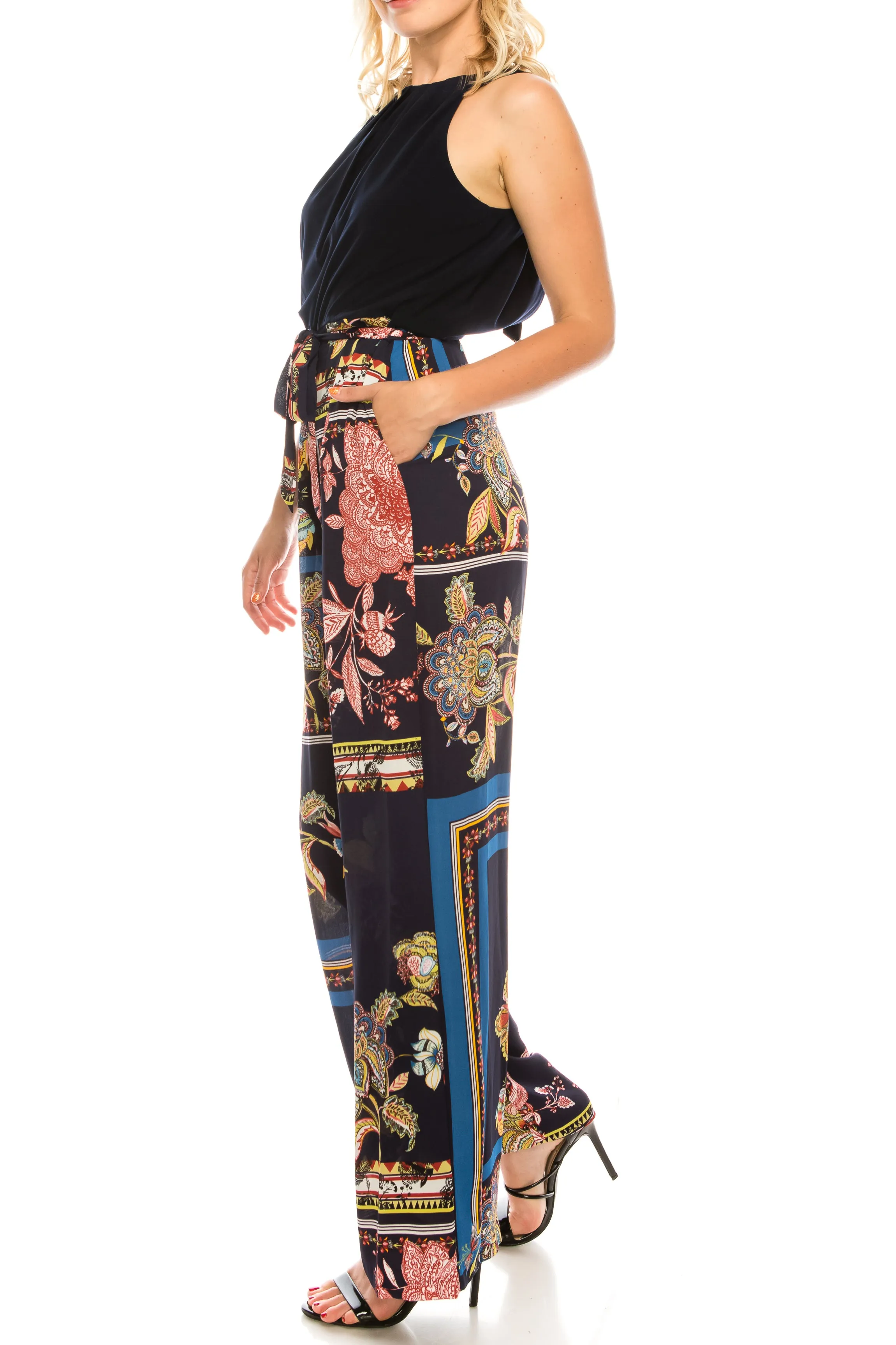 SLNY Navy Multi Floral Scarf Printed Halter Jumpsuit