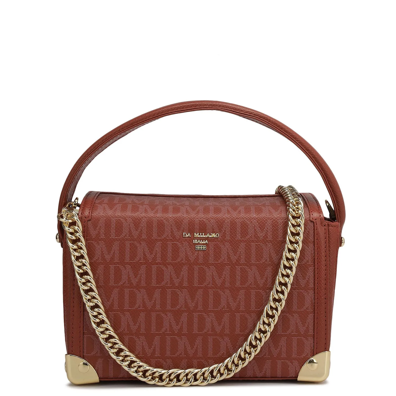 Small Monogram Leather Satchel - Brick