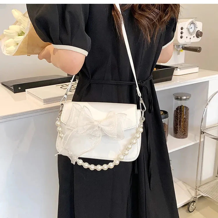 Sohiwoo Sweet Bow Lolita Bag Women Harajuku Pearl Chic Handle Leather White Messenger Bag Ladies Japanese Cute Handbag Aesthetic