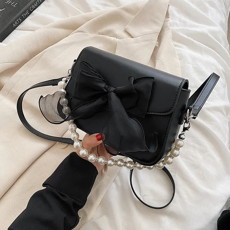 Sohiwoo Sweet Bow Lolita Bag Women Harajuku Pearl Chic Handle Leather White Messenger Bag Ladies Japanese Cute Handbag Aesthetic