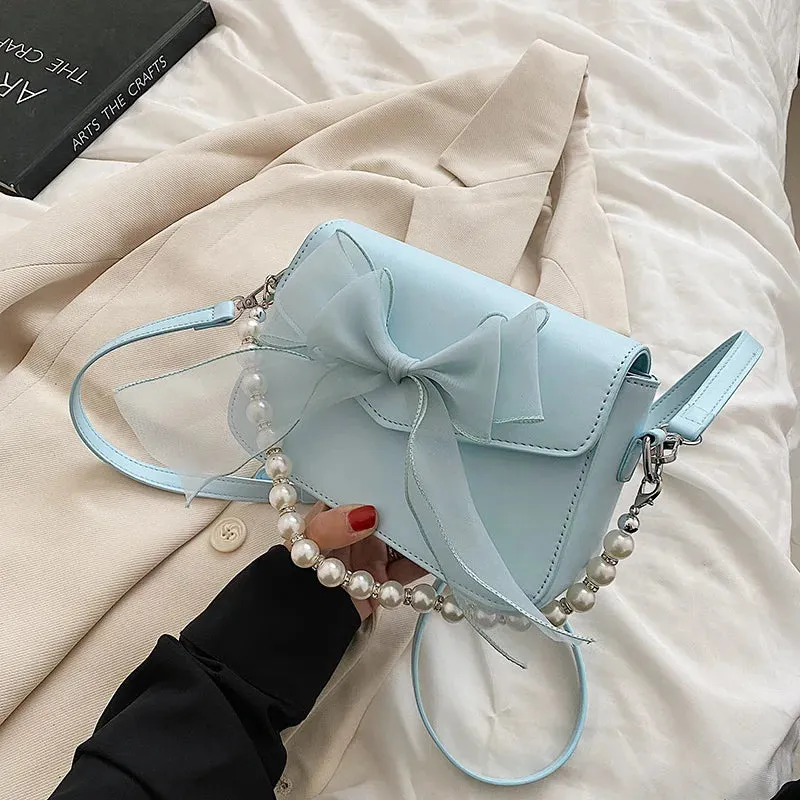 Sohiwoo Sweet Bow Lolita Bag Women Harajuku Pearl Chic Handle Leather White Messenger Bag Ladies Japanese Cute Handbag Aesthetic